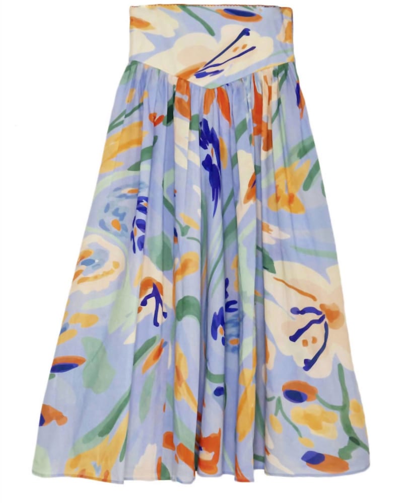 Front of a model wearing a size L Clavel Skirt Jaleo Celeste In Light Blue Multi in Light Blue Multi by De Loreta. | dia_product_style_image_id:351973